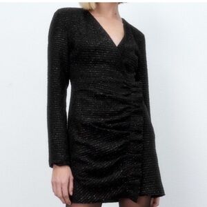 NWT Zara Textured Weave Tweed Blazer Dress Ruffle Metallic XL